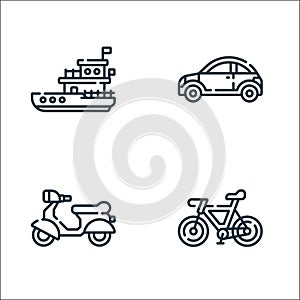 Vehicles transports line icons. linear set. quality vector line set such as bicycle, motorcycle, car