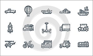 vehicles transports line icons. linear set. quality vector line set such as electric bus, food truck, helicopter, car, bicycle,