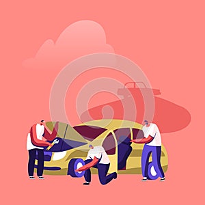 Vehicles Utilization Concept. Mechanics Characters Work on Junkyard Disassemble Old Used Automobile or Damaged Car photo