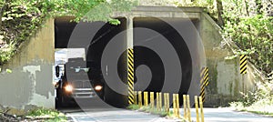 A vehicular tunnel shown with traffic