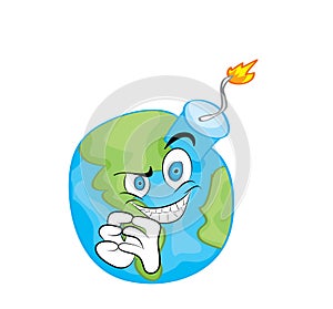 Evil cartoon illustration of earth globe bomb