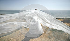 Veil of beautiful bride on a cliff above the sea