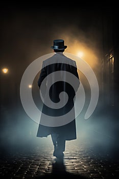 Veiled in the misty ambiance of the city alley, a mysterious man, dressed in a black coat and top hat