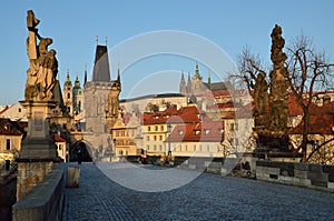 Veiw from Charles bridge to Prague castle and St. Nicholas church, Prague, Europe