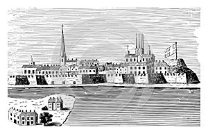 Veiw of Montreal in 1760 vintage illustration