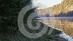 Veiw of mountain misty river landscape of Chusovaya river in siberia, Ural, Russia