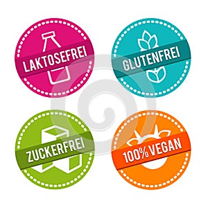 Vektor Symbole Vegan, Glutenfrei, Laktosefrei und Zuckerfrei.