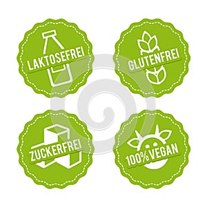 Vektor Symbole Vegan, Glutenfrei, Laktosefrei und Zuckerfrei photo