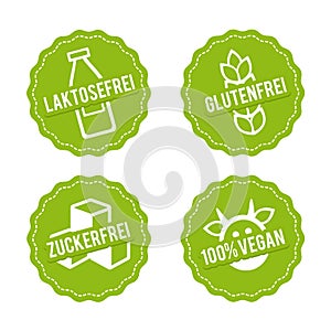 Vektor Symbole Vegan, Glutenfrei, Laktosefrei und Zuckerfrei. photo