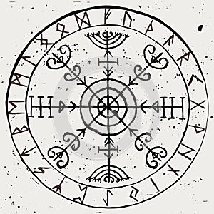 Veldismagn. Ancient vector runic icelandic symbol of strength and protection with futhark in a circle