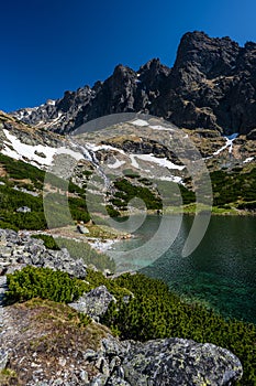 Velické pleso alebo Velické pleso, jarná krajina Tatier, Slovensko