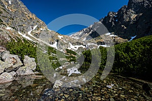 Velické pleso nebo Velické pleso, jarní krajina Tater, Slovensko