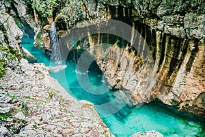 Velika Korita or Great canyon of Soca river, Bovec, Slovenia. Great river soca gorge in triglav national park.