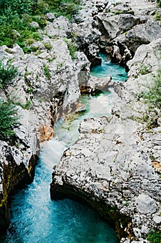 Velika Korita or Great canyon of Soca river, Bovec, Slovenia. Great river soca gorge in triglav national park.