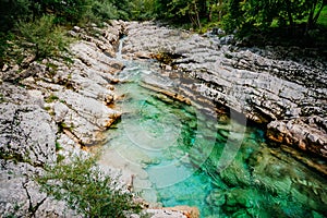 Velika Korita or Great canyon of Soca river, Bovec, Slovenia. Great river soca gorge in triglav national park.
