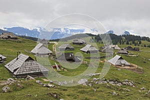 Velika Planina and mountain cottage hut or house