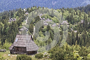 Velika Planina and mountain cottage hut or house