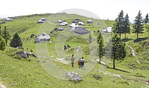 Velika planina plateau, Slovenia, Mountain village in Alps, wooden houses in traditional style, popular hiking