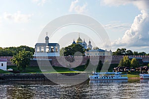 Veliky Novgorod, Russia - August 31, 2018: Panoramic view of the Kremlin, Cathedral of St Sophia , The belfry of St. Sophia