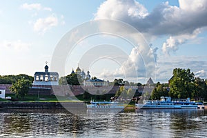 Veliky Novgorod, Russia - August 31, 2018: Panoramic view of the Kremlin, Cathedral of St Sophia , The belfry of St. Sophia