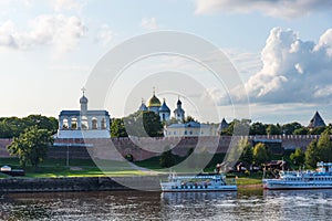 Veliky Novgorod, Russia - August 31, 2018: Panoramic view of the Kremlin, Cathedral of St Sophia , The belfry of St. Sophia