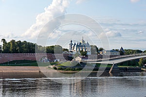 Veliky Novgorod, Russia - August 31, 2018: Panoramic view of the Kremlin, Cathedral of St Sophia , The belfry of St. Sophia