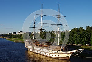 VELIKY NOVGOROD, RUSSIA - July, 2021: Frigate Flagman on the Volkhov River