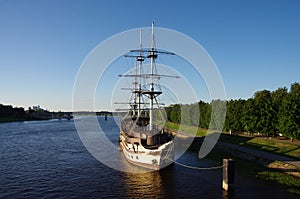 VELIKY NOVGOROD, RUSSIA - July, 2021: Frigate Flagman on the Volkhov River