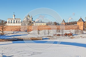 Veliky Novgorod, Russia, Kremlin near Volkhov river in winter da