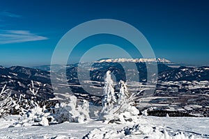 Velka Fatra, Chocske vrchy and Tatra mountains from Velka luka hill in winter Mala Fatra mountains in Slovakia