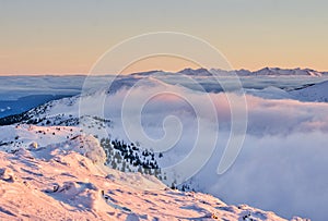 Velka Hola mountain in Low Tatras mountains during winter sunrise