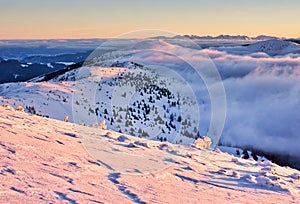 Velka Hola mountain in Low Tatras mountains during winter sunrise