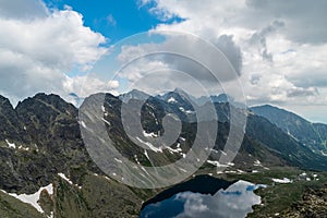 Velke Hincovo pleso lake with peaks above from Koprovsky stit mountain peak in Vysoke Tatry mountains in Slovakia