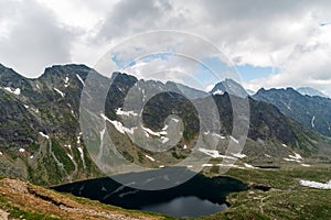 Velke Hincovo pleso lake with peaks around in Vysoke Tatry mountains in Slovakia