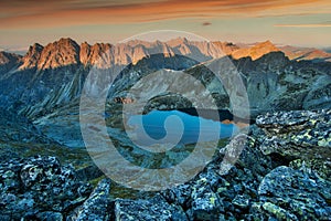 Velke Hincovo pleso tarn from Hincova veza in High Tatras mountains during sunrise