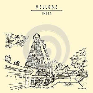 Vellore, Tamil Nadu, South India. Ancient Jalagandeswarar Hindu temple in Vellore fort. Entrance gopuram tower Travel sketch