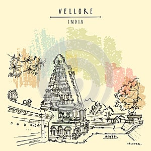 Vellore, Tamil Nadu, South India. Ancient Jalagandeswarar Hindu temple in Vellore fort. Entrance gopuram tower Travel sketch