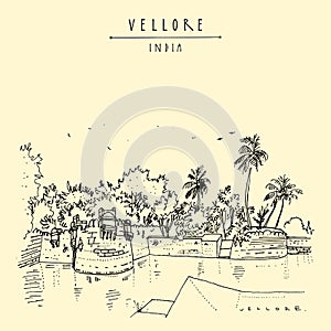 Vellore, Tamil Nadu, South India. Travel sketch drawing. Vintage hand drawn postcard