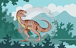 Velociraptor with dangerous claws on the background of an ancient forest