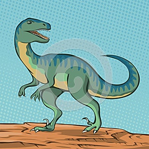 Velociraptor with dangerous claws on color background