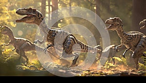 Velociraptor pack on the hunt, displaying their agility and intelligence in the wild