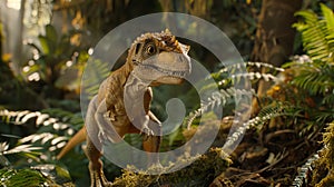 Velociraptor pack stealthily moves through dense fern covered underbrush, ready for imminent hunt photo