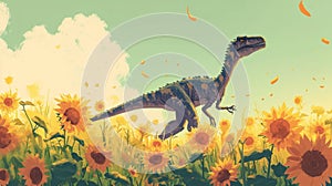 A Velociraptor stalks through a field of sunflowers its sharp claws ready to up any unsuspecting prey