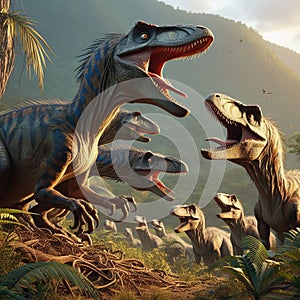 Velociraptors communicating using complex vocalizations to cor