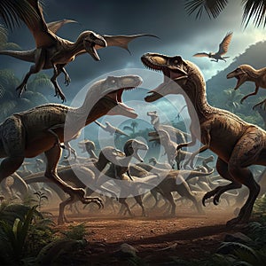 Velociraptors engaging in a territorial dispute with a rival p