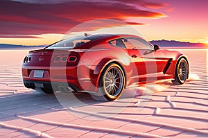Velocity at Sunset: Red Sport Car Speeding Across the Bonneville Salt Flats Under a Vibrant Sunset Sky, Motion Blur Showcase