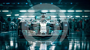 Velocity Unleashed: Formula One Racing with Dynamic Dark White and Aquamarine Filters