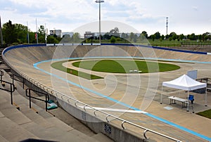 Velodrome cycling race track empty with no bicycles or people ready for the next competition