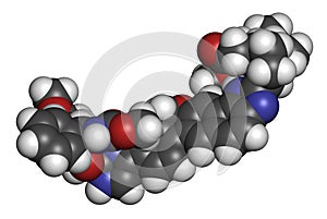 Velpatasvir hepatitis C virus (HCV) drug molecule. 3D rendering. Atoms are represented as spheres with conventional color coding: