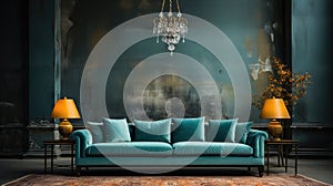 A Velvet Dark Cyan Sofa with a Dark Gray Empty Rustic Wall Behind Persian Rug on Floor Lux Side Table in Living Room Background
